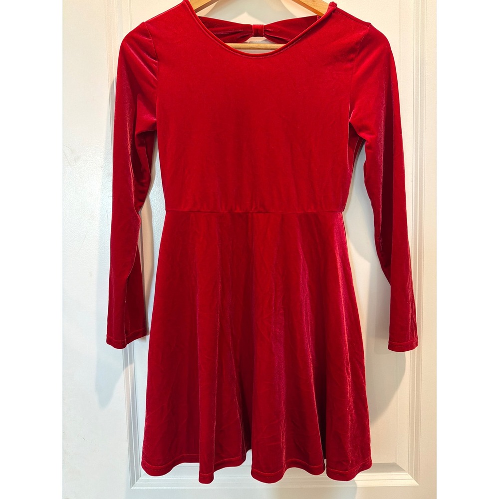 The Childrens Place Girls Red Velvet Long Sleeve Holiday Dress Bow Back XL 14